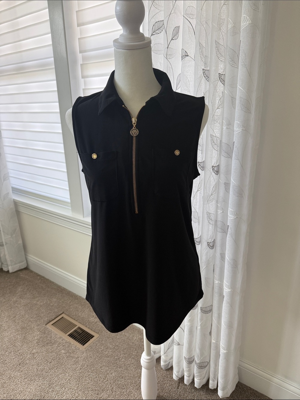 Anne Klein Black Sleeveless Polo Tank with Gold Zip